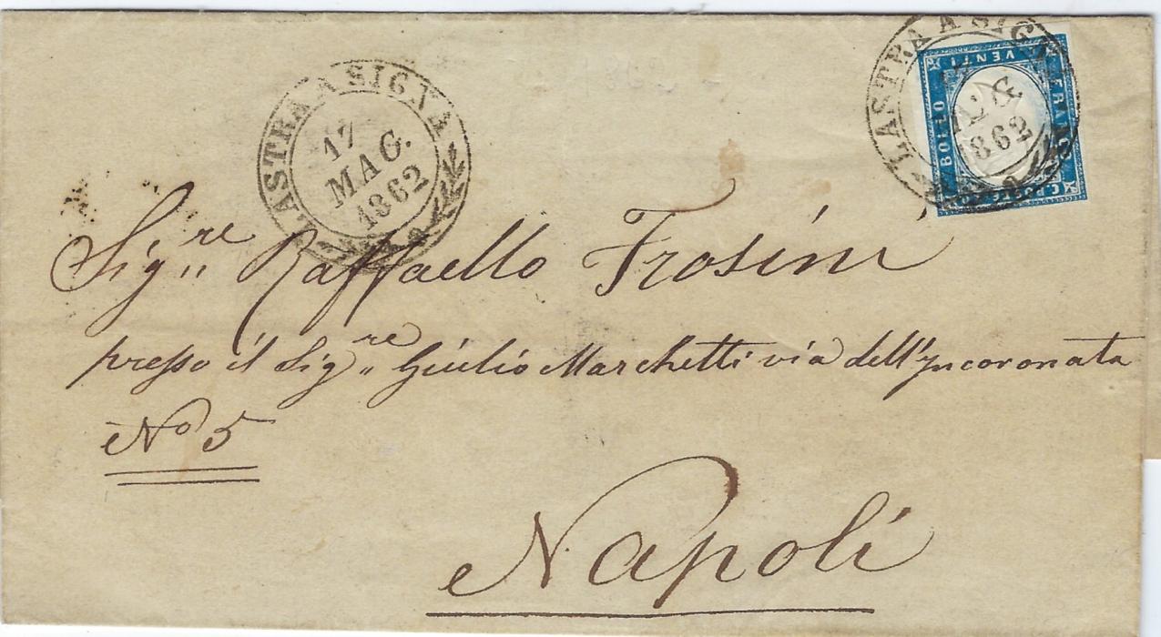 Italy (Sardinia) 1862 (17 Mag.) outer letter sheet to Napoli franked four margined 20c. tied by Lastra A Signa date stamp (A municipality within Florence) with another fine strike at left, reverse with Livorno cds and tpo, arrival cds and local charge handstamp.