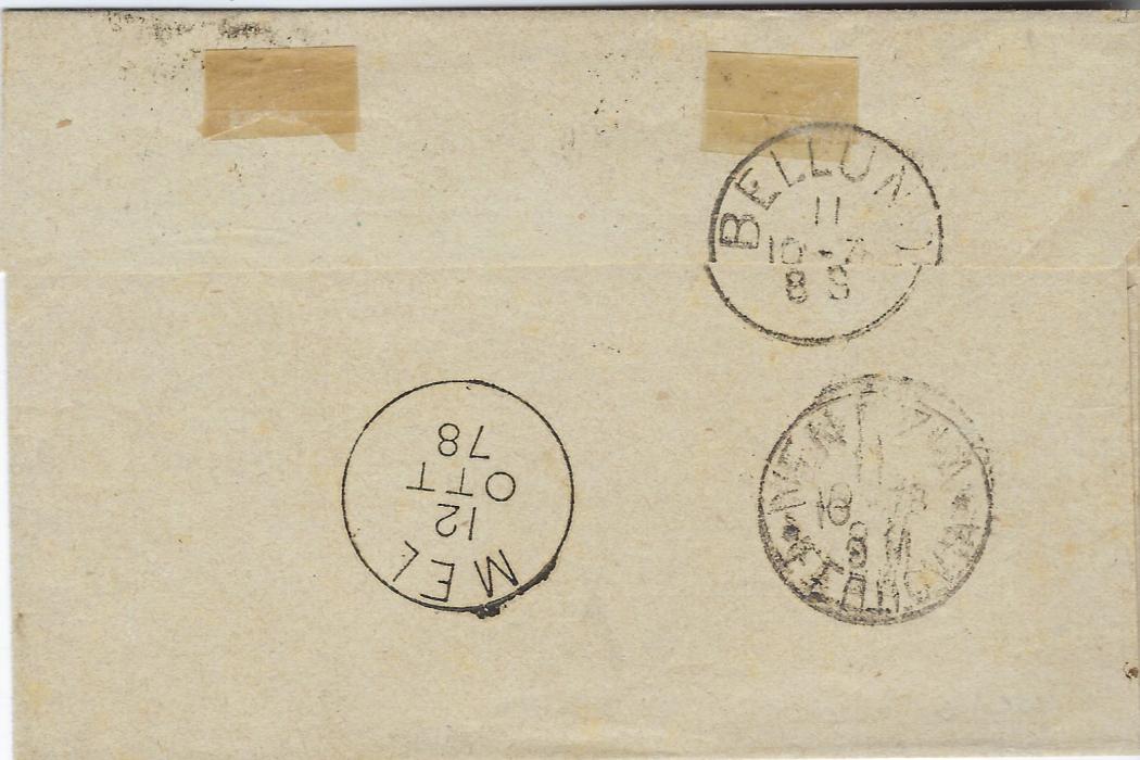 Italy 1878 entire to Mel, Belluno franked 10c. blue tied ‘187’ obliterator with Verona cds in association, the entire is endorsed in manuscript “affaire de State Civile”and bears two different Official  handstamps, reverse with Venezia and Belluno transits and arrival cds. Fine quality strikes.