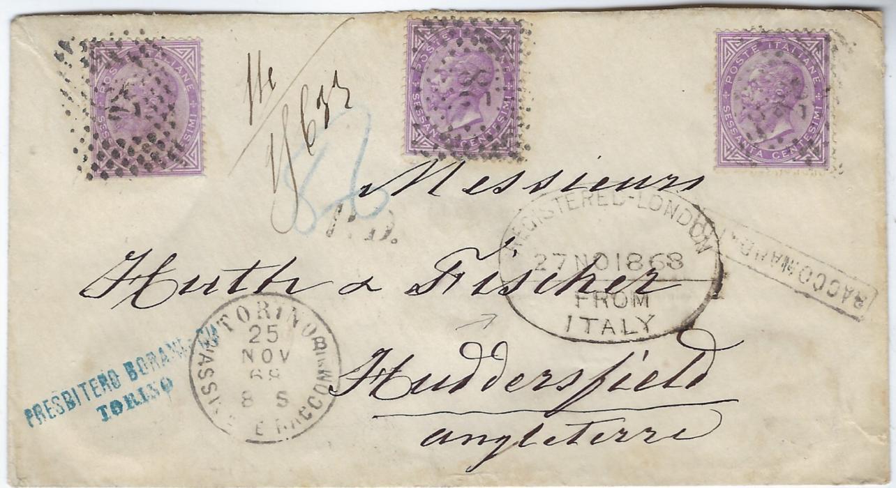 Italy 1868 (25 Nov) registered cover to Huddersfield franked by three 60c. tied ‘28’ numerals with Torino depath cds at base, framed rgistration handstamp and good stike, applied at London in transit ‘Registered London/ FROM ITALY’, arrival backstamp.