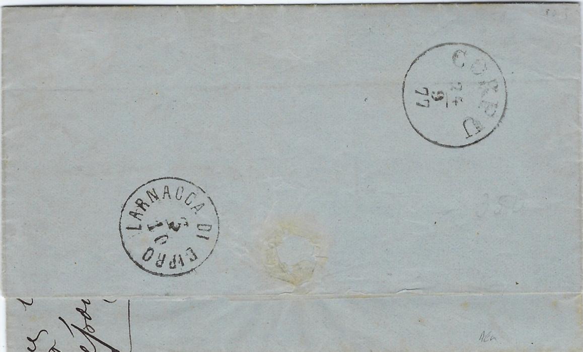 Italy 1877 (22.9.) entire to Larnaca, Cyprus franked 30c. tied ‘186’ Venezia duplex, reverse with Corfu transit of 24/9 and arrival of Austrian Post Offices of 3/10. Good condition.