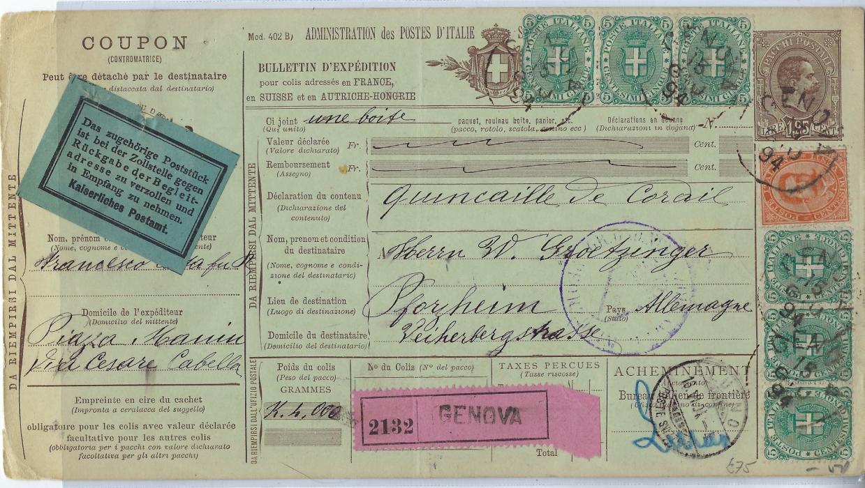 Italy 1894 1.25Lira stationery parcel card to Pforzheim, Germany uprated 5c. (6) and 20c. tied Genova cds, Swiss transit on front and arrival backstamp.