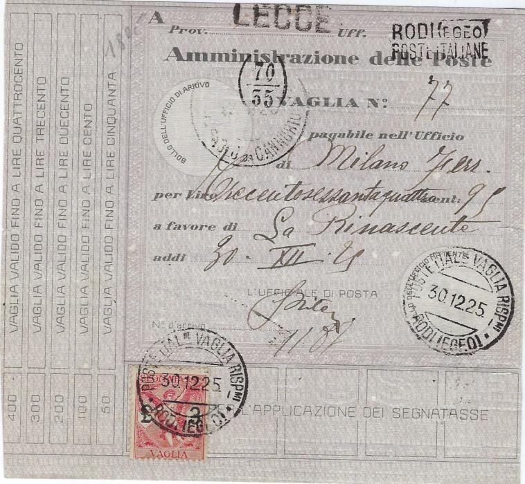 Aegean Islands (Rodi) Four 1925 franked money order forms with Segnatasse stamps 20c. pair, 40c., 2L. and 3L. each tied Poste Ital. Vaglia Risp. Rodi (Egeo) cds.