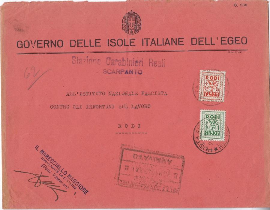 Aegean Islands (Scarpanto) 1943 Government envelope with hand stamp Stazione Carabinieri Reali/ Scarpanto to National Fascist Institute with 50c. and 1L. Postage Dues tied Rodi cds; light central vertical filing crease, unusual item.
