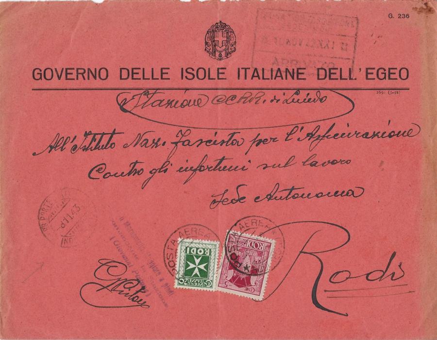 Aegean Island 1943 Government envelope to National Fascist Institute with Postage 5c and Postage Due 20c. tied Posta Aerea cds.