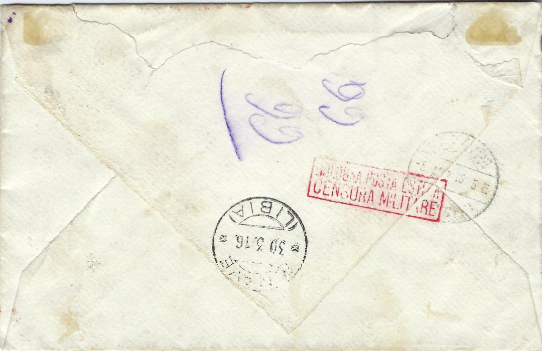 Italy (Libia) 1916 cover addressed to Serbian Relief Fund, Hospital, Corfu, franked 5c. and two 10c. tied R.Nave Libia cds, red censorship at top, Italian at right and Serbian at base, reverse with further despatch and Italian censor plus unclear arrival; fine tripe censored cover.