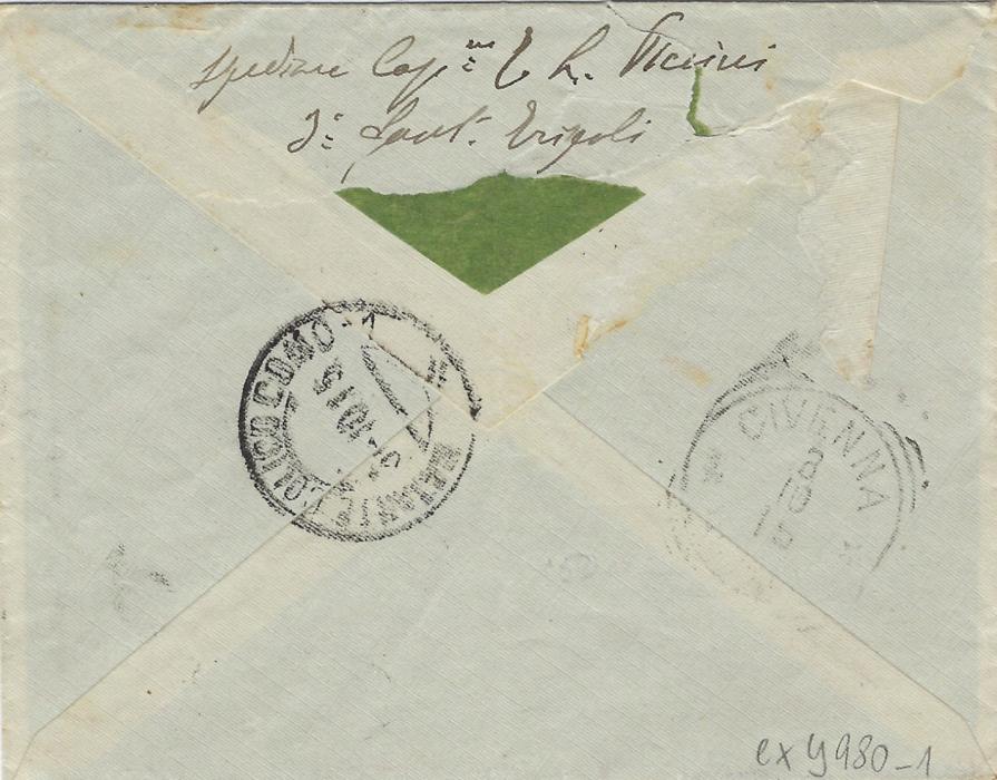 Italy (Libia) 1915 registered cover to Civenna, Como, franked 15c. and 25c. tied Tripoli cds, handstamped registration etiquette that is tied by cds and by censor cachet, arrival backstamps; a little roughly opened on reverse, otherwise fine.