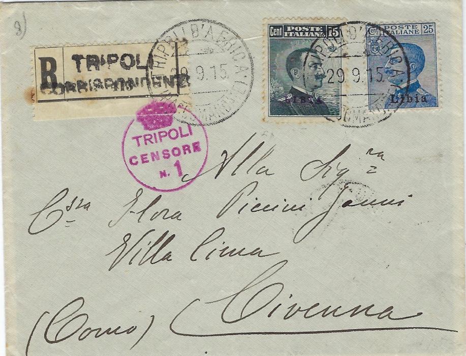 Italy (Libia) 1915 registered cover to Civenna, Como, franked 15c. and 25c. tied Tripoli cds, handstamped registration etiquette that is tied by cds and by censor cachet, arrival backstamps; a little roughly opened on reverse, otherwise fine.