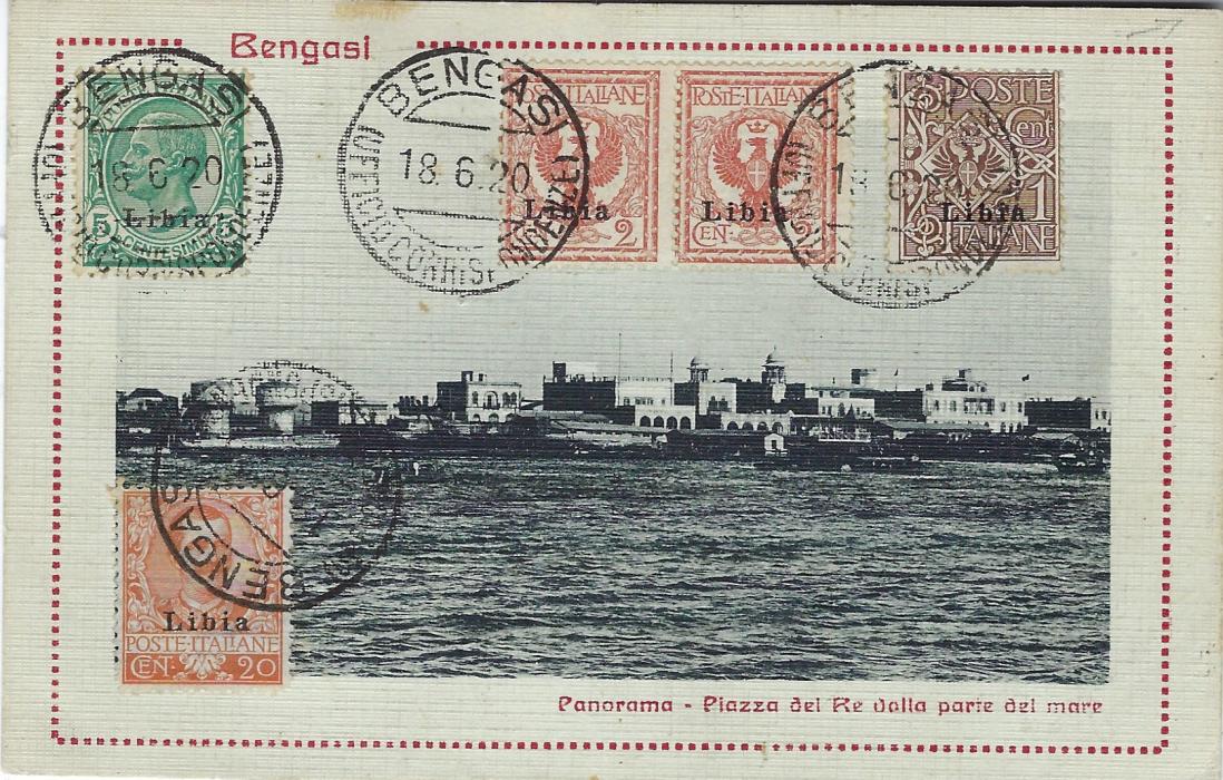 Italy (Libia) 1920 registered picture postcard to Budapest, franked picture side by 1c., 2c.(2), 5c. and 20c. oveprinted issues of Italy, tied by Bengasi date stamp.