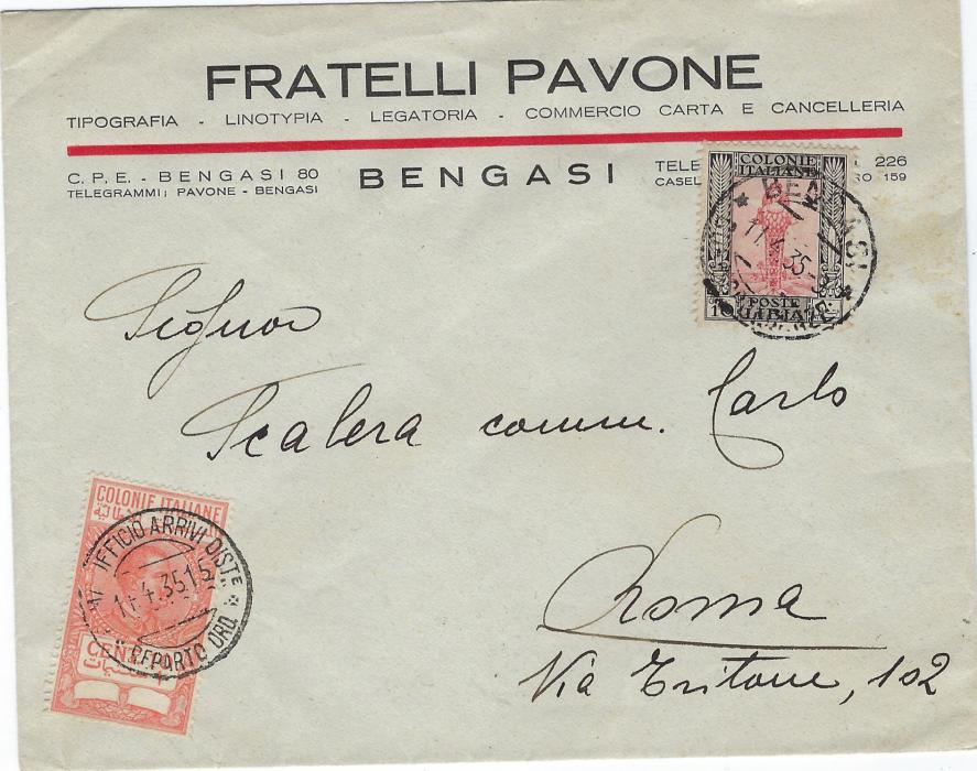 Libia (Libia) 1935 commercial envelope to Rome bearing single 10c. tied Bengasi cds, additionally franked 10c. Italian Colony Revenue cancelled on arrival.