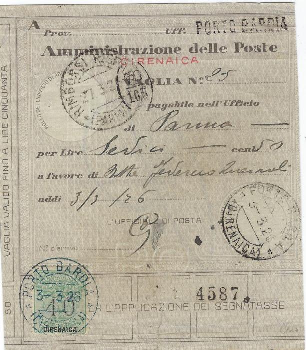 Italian Colonies (Cirenaica) 1926 money order franked Segnatasse per vaglia  40c green  cancelled blue Porto Bardia cds with a further strike at left but this time in black; repaired tear at base, unusual.