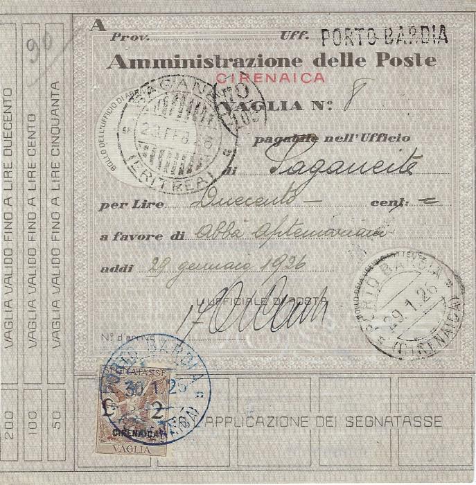 Italian Colonies (Cirenaica) 1926 money order franked Segnatasse per vaglia  2L. brown  cancelled Porto Bardia  cds in blue with a further strike at right in black.