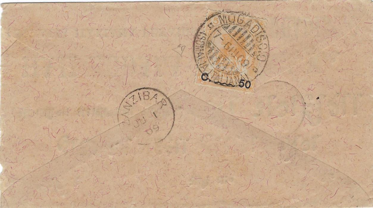 Italian Colonies (Somalia) 1909 incoming unfranked cover from Zanzibar bearing circular framed ‘T ‘ on front, reverse with  C.50 on 5a ‘Lion’ tied Mogadiscio cds, a fine postage due. 
