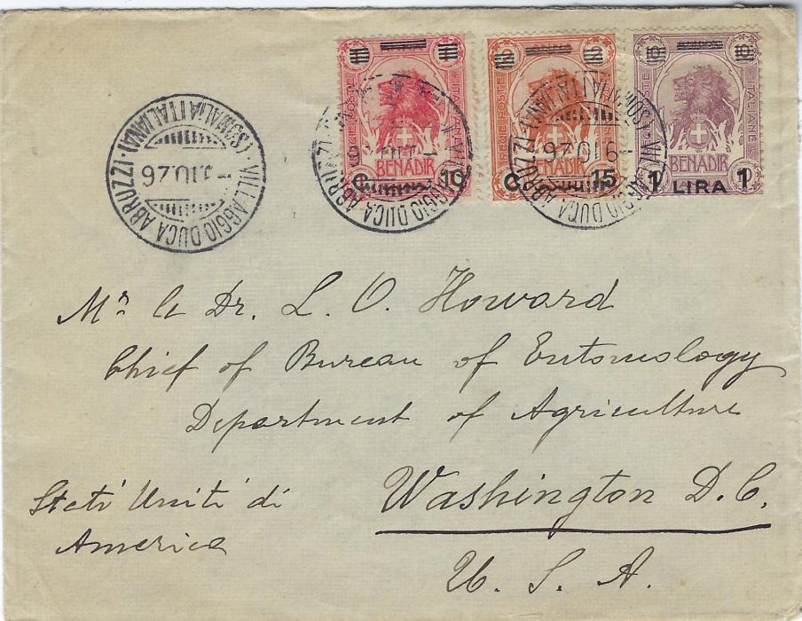Italian Colonies (Somalia) 1926 cover to Washington D.C. franked ‘Lion’ 10c. on 1a., 15c. on 2a. and 1L. on 10a. tied by Villagio Duca Abruzzi cds; without backstamps and small tear in envelope  near 1L, attractive item.