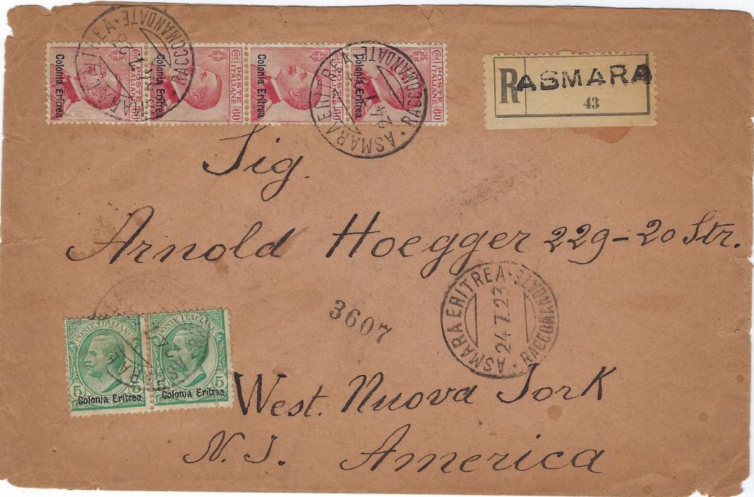 Italian Colonies (Eritrea) 1923 registered cover to West New York, USA franked overprinted 5c. pair and vertical strip of four 60c. tied Asmara Eritrea registered cds, reverse with Naploi Porto transit and New York transits plus West New York arrival; some aging and faults at periphery of envelope, an unusual franking.
