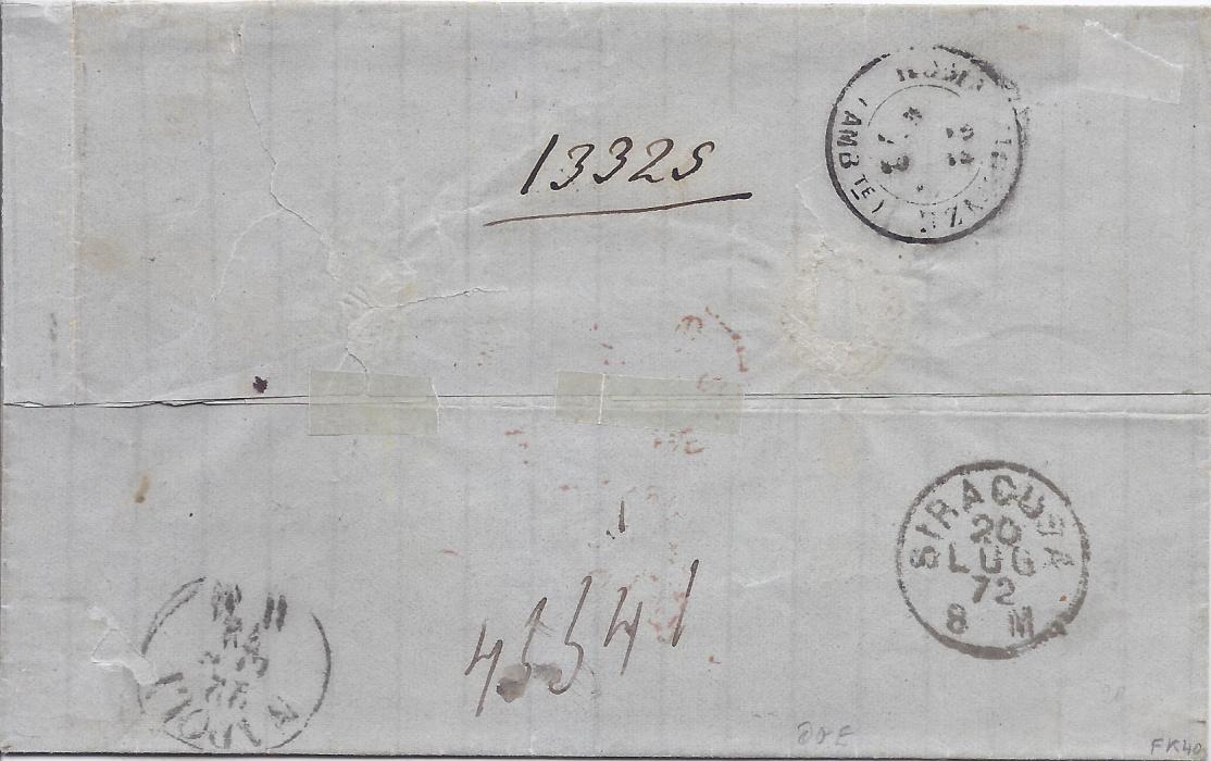 Malta 1872 registered entire to Livorno, Italy bearing single franking Great Britain 10d. cancelled by full A25 obliterator, red Registered Malta cds in association, unframed P.D>, reverse with Siracusa and Napoli transits; BPA Certificate.