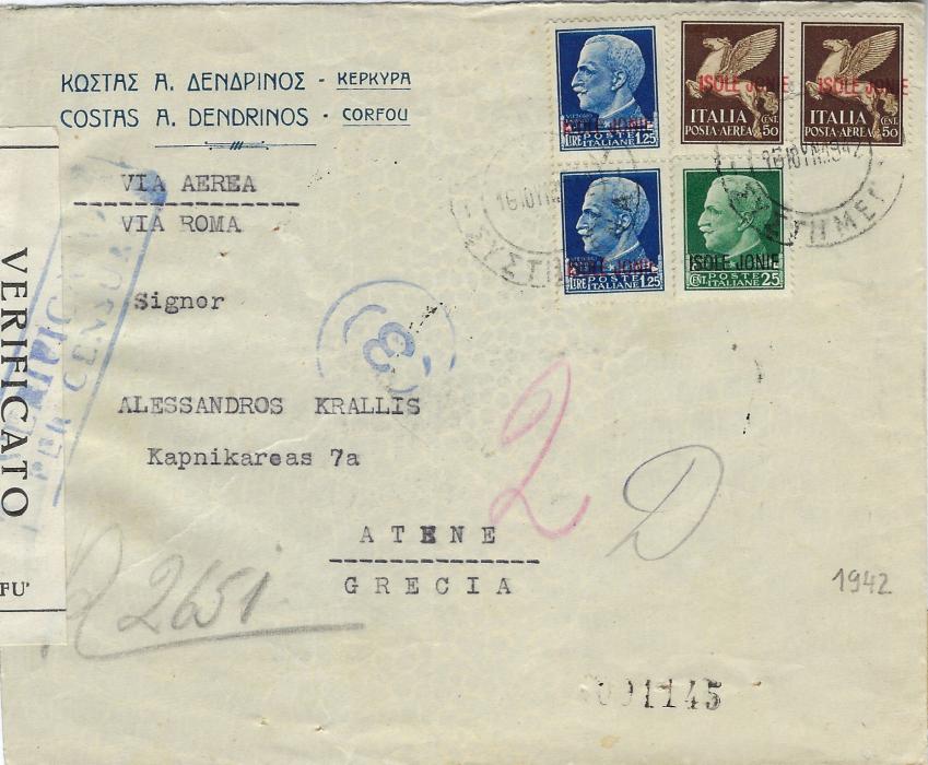Italian Occupations (Corfu) 1942 censored airmail cover to Athens franked ‘ISOLE JONIE’ overprinted postage 25c. and 1L.25 (2) plus airmail 50c. pair tied Kerkyra date stamps, censored on despatch and arrival. 