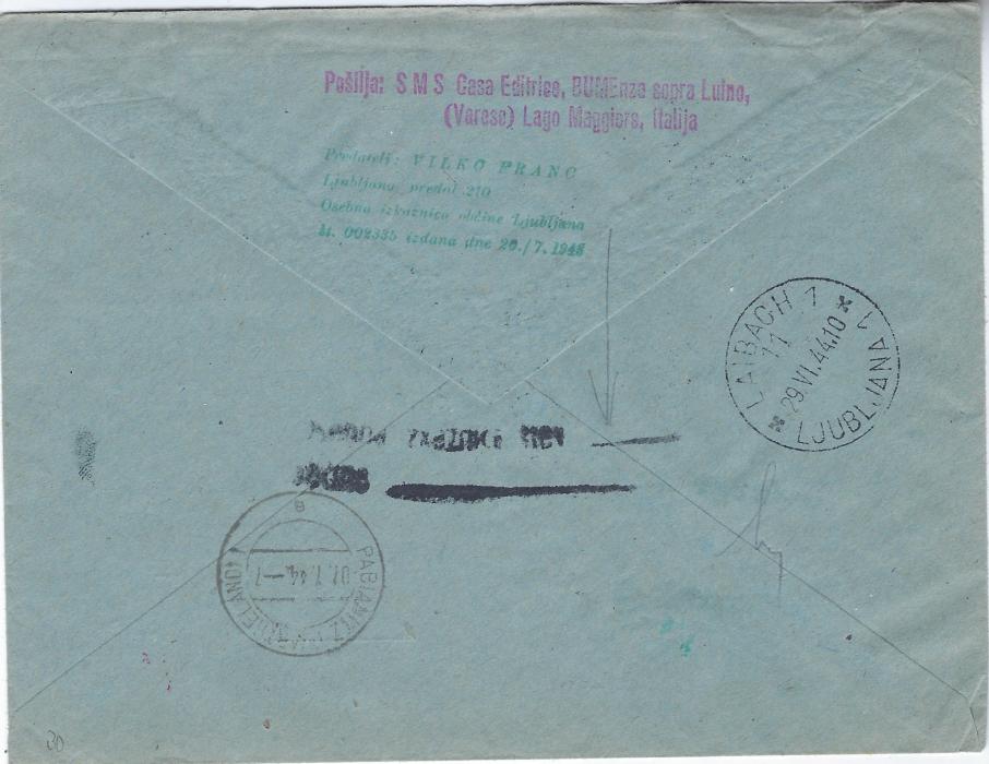 ITALIAN OCCUPATIONS (Lubiana) 1944 registered  cover to Pabianitz, Wartherland, Poland franked 5c. pair and 30c. marginal block of eight, bilingual Lubiana date stamps, German civil censorship, reverse with arrival cds; fine clean condition.