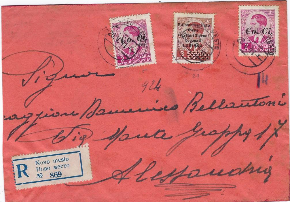 Italian Occupations (Lubiana) 1941 registered cover bearing Co. Ci. Overprinted 2d. rose-lilac and Lubiana overprinted 3d. tied bilingual Novo mesto date stamps, Trieste, Milano and Milano-Genova tpo backstamps.