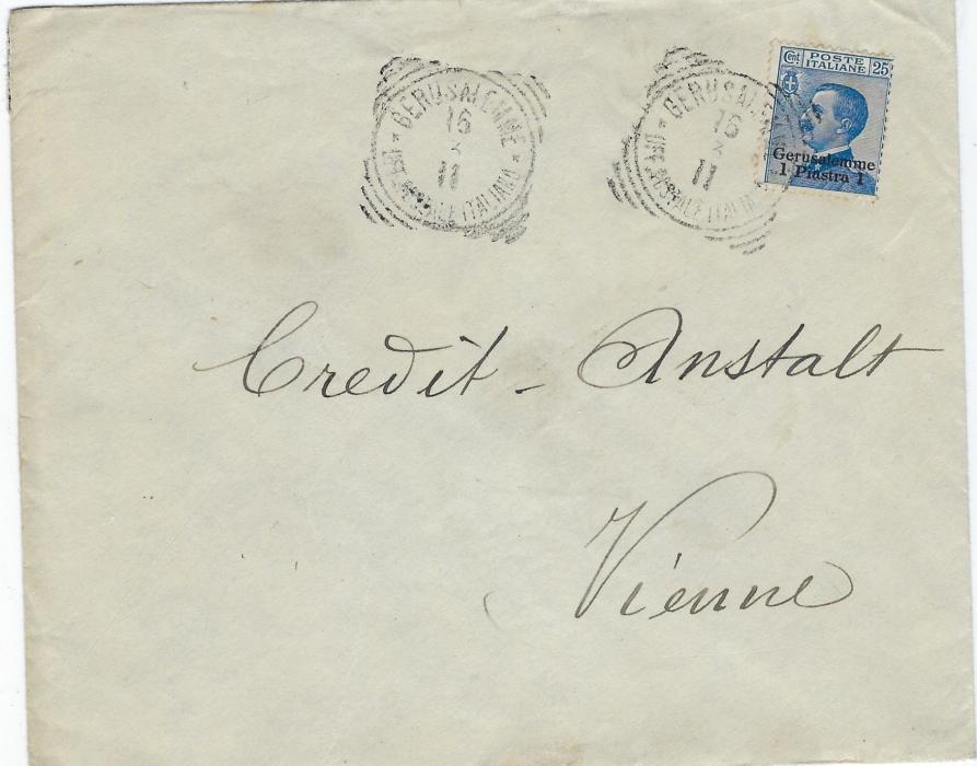 Italian Levant (Palestine) 1911 ‘Banque Imperiale Ottomane’ envelope  to Vienna franked 1 Piastre 1 on 25c. tied Gerusalemme square circle date stamp with another strike to left; good condition.