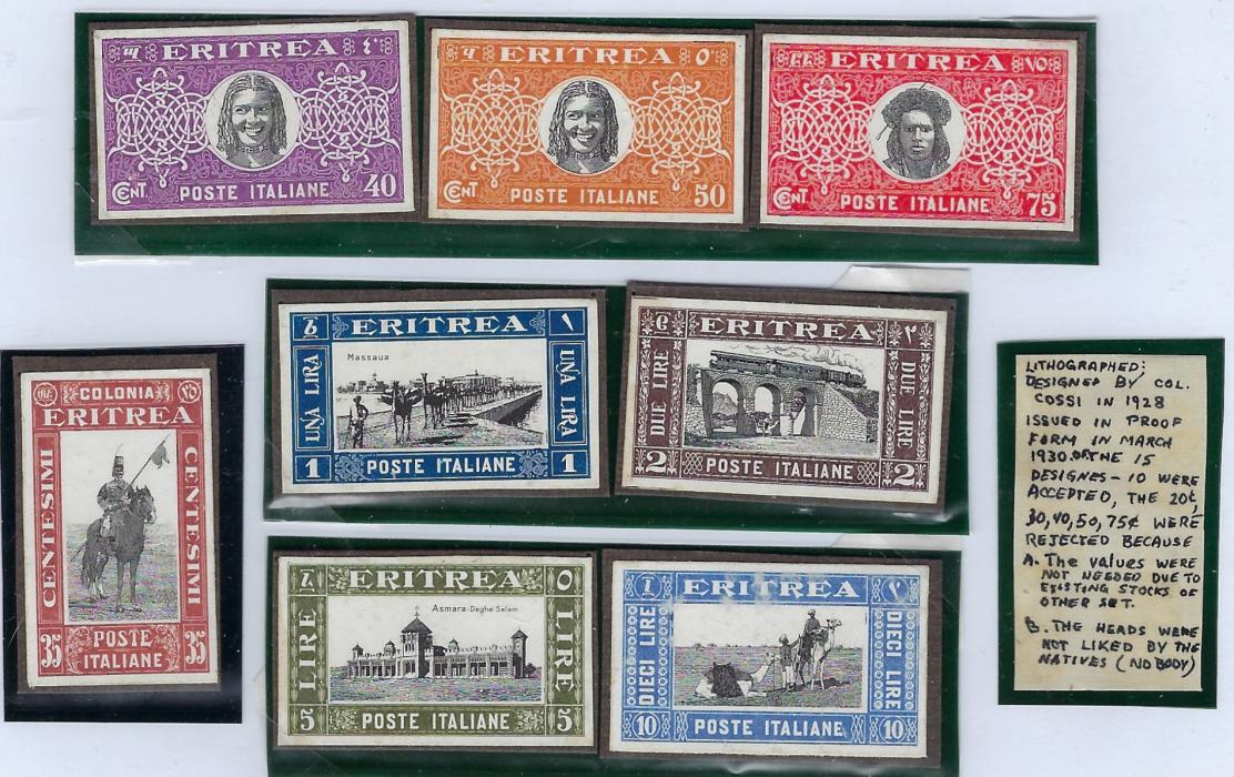 Italian Colonies 1930 Views imperf proofs in issued colours with 35c. to 10L. plus unissued 40c., 50c. and 75c., each affixed to thick card, fine and attractive.