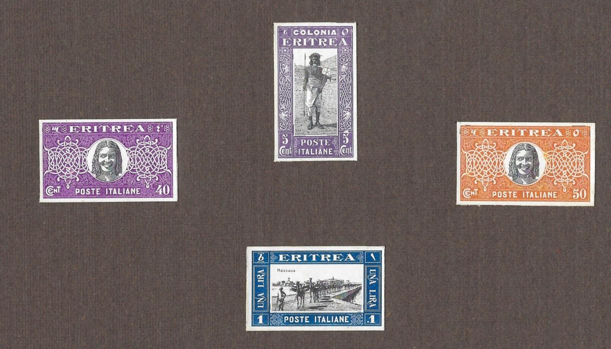 Italian Colonies (Eritrea) 1930 Soggetti africani group of four imperforated proofs affixed to thick card with 5c. Postman and 1L. Camels plus unissued design of local female head values for 40c. and 50c.; fine and unusual.