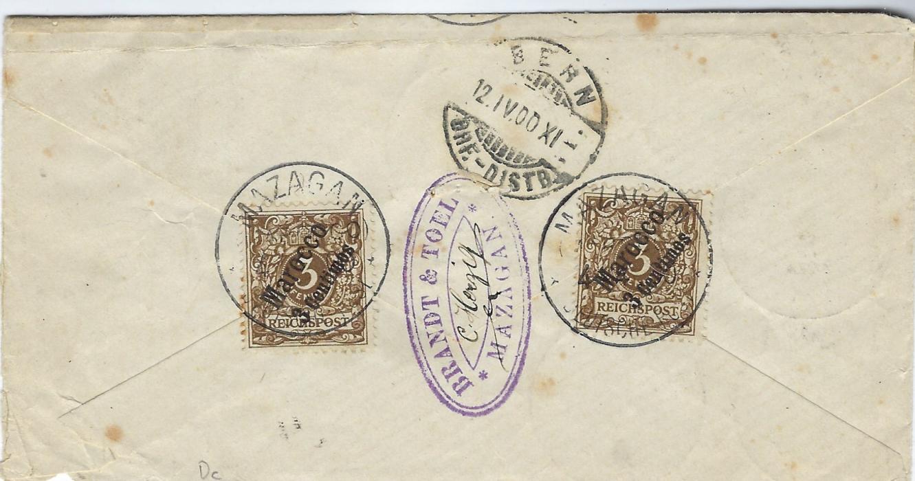 Morocco (German Post Offices) 1900 cover to Bern, Switzerland franked five 3c. on 5c. (two on reverse) and corner marginal pair of 5c. on 5pf tied Mazagan (Marocco); some toning, franked at correct 25c rate.
