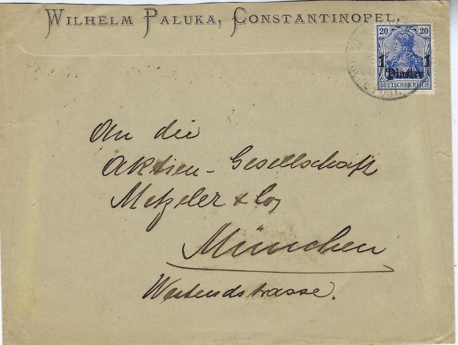 Germany (Post Offices in Turkish Empire) 1910s fine illustrated envelope ‘Bazar Allemand/ Wilhelm Paluka/ Constantinople used to Munich.