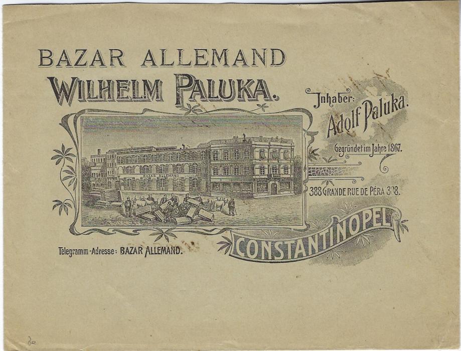 Germany (Post Offices in Turkish Empire) 1910s fine illustrated envelope ‘Bazar Allemand/ Wilhelm Paluka/ Constantinople used to Munich.