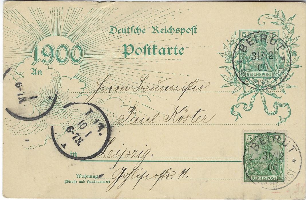Germany (Post Offices in Turkish Empire - Lebanon) 1900 New Years 5pf stationery card, uprated 5pf. to Leipzig with two fine Beirut Deutsche Post cds, arrival cancels at left.