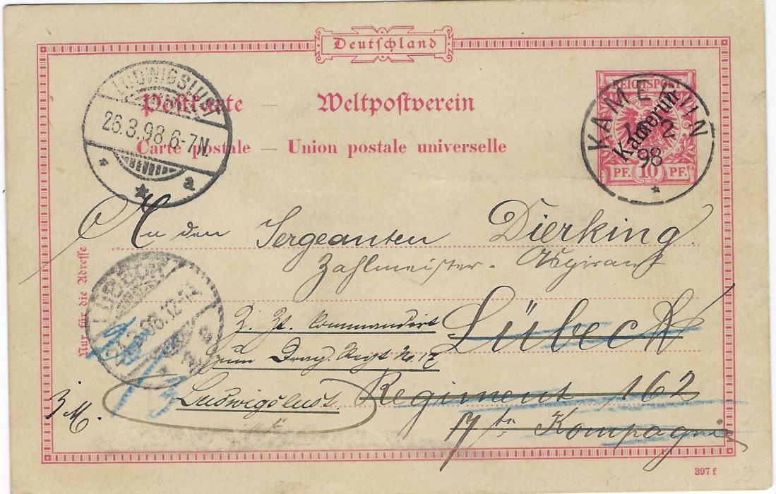 German Colonies (Kamerun) 1898 (16/2) 10pf postal stationery card to Lubeck, redirected to Ludwigslust, cancelled by good strike of Kamerun cds. The writer gives his forthcoming address as Cap Lopez (Congo francais) factorei Woermann.