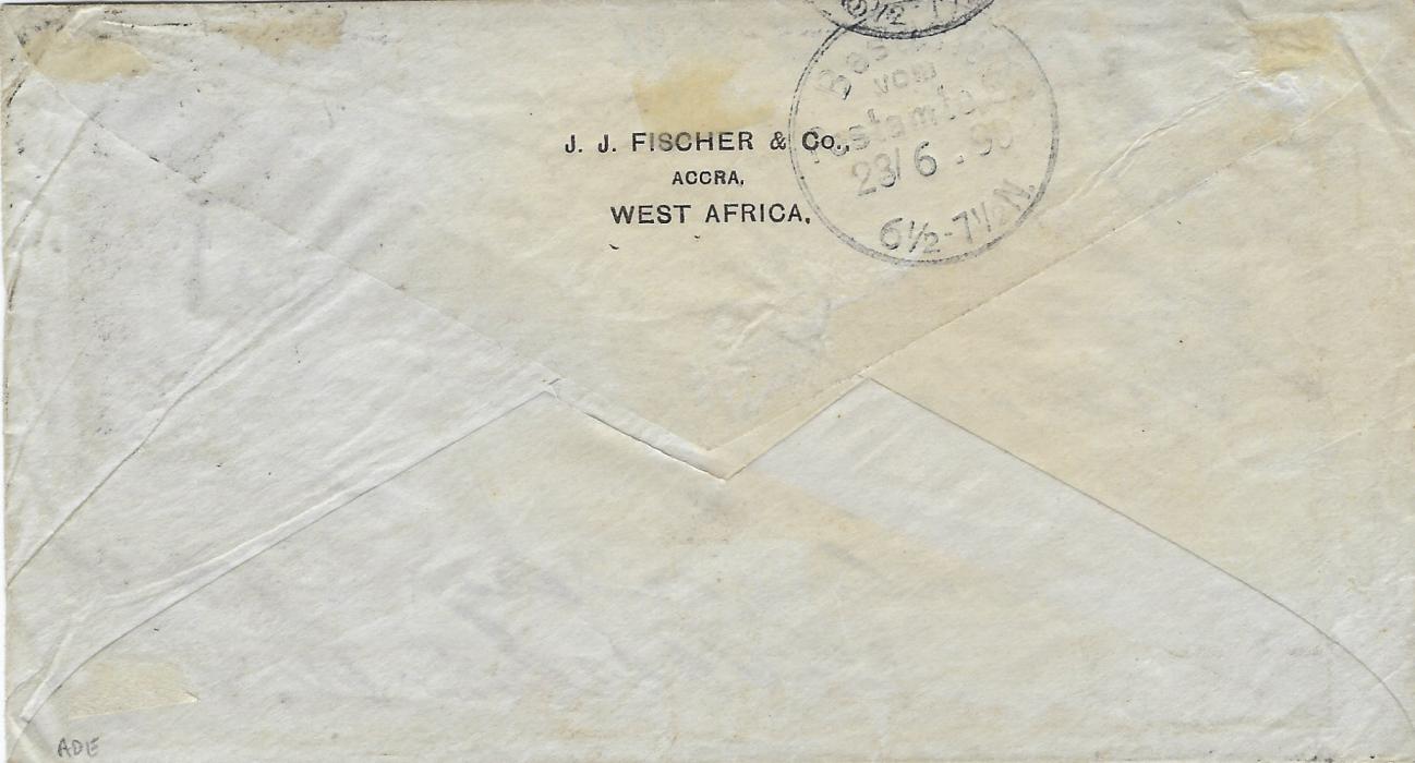 German Colonies (West Africa – Gold Coast) 1890 (23/6) cover to Berlin bearing framed AUS/ WESTAFRIKA handstamp, franked on arrival at Hamburg with 20pf. tied cds, the envelope endorsed at top “Accra 22.5.90”, arrival backstamp with company address at Accra.