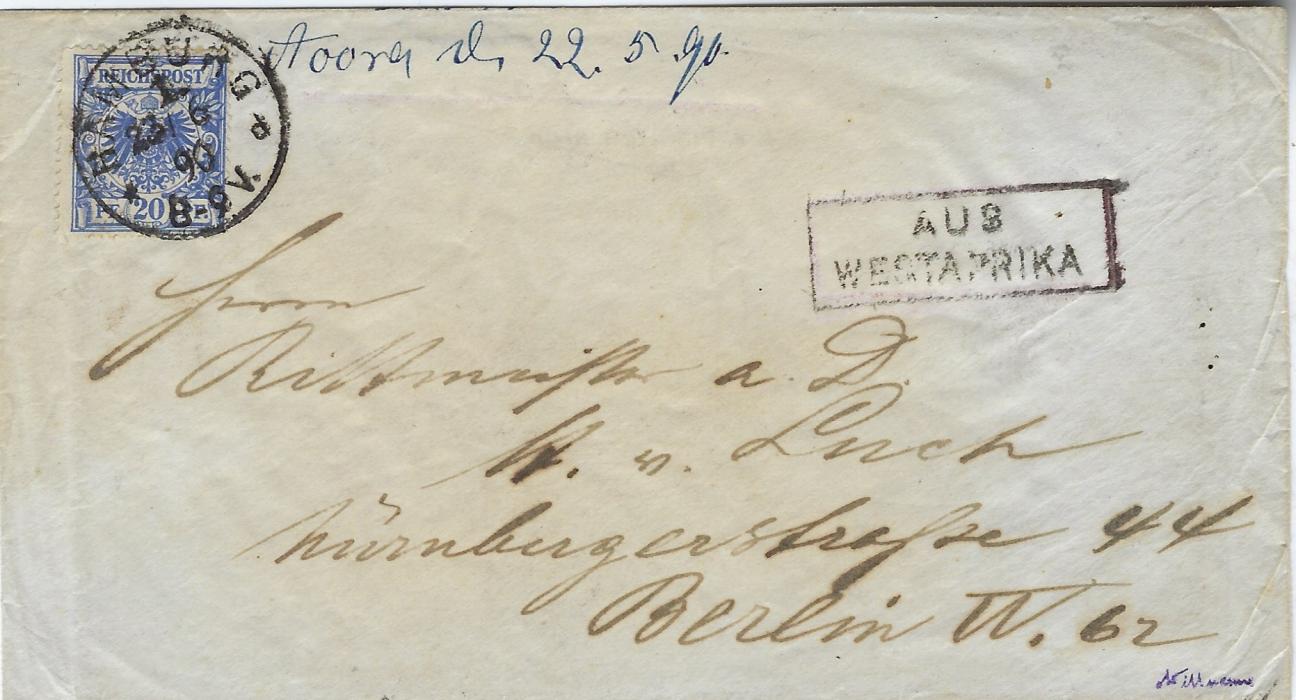 German Colonies (West Africa – Gold Coast) 1890 (23/6) cover to Berlin bearing framed AUS/ WESTAFRIKA handstamp, franked on arrival at Hamburg with 20pf. tied cds, the envelope endorsed at top “Accra 22.5.90”, arrival backstamp with company address at Accra.