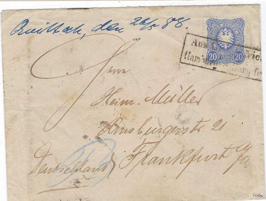 German Colonies (West Africa – Gold Coast) 1888 (26/5) cat illustrated cover to Frankfurt bearing framed Aus/ West – Africa/ mit/ Hamburger Dampfer  handstamp tying a 20pf., reverse with Verviers Coln tpo and arrival cancels, front with manuscript Quittah, den 26/5 88; fine and scarce.