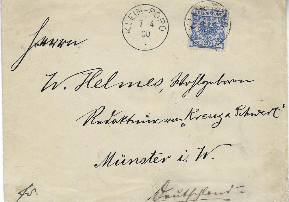 German Colonies (Togo) 1900 (7 4) cover to Munster bearing single franking unoverprinted 20pf. forerunner tied fine Klei-Popo cds with another strike alongside, arrival backstamp.