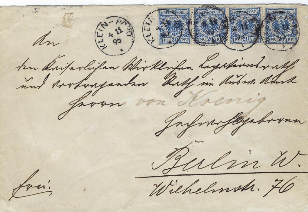 German Colonies (Togo) 1895 (4 11)  cover to Berlin franked by pair and two single 20pf. forerunners tied Klein – Popo cds, arrival backstamp of 5.12; fine quadruple rate cover.
