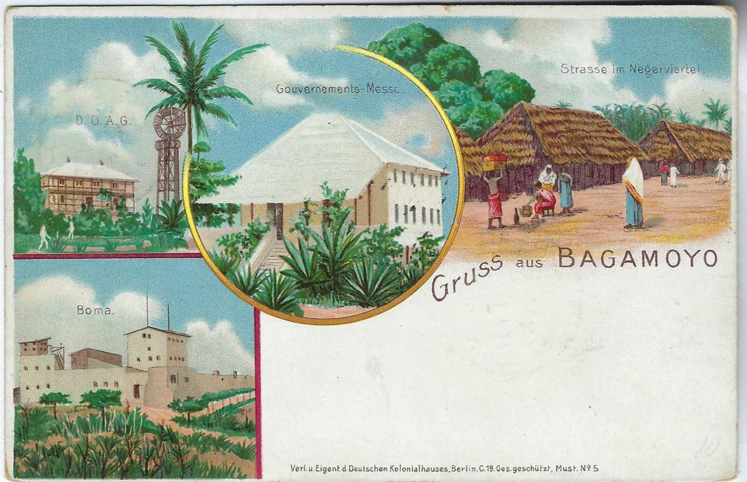 German Colonies 1898 5 Pesa on 10pf ‘Gruss aus Bagamojo’ picture stationery card used to Berlin from Dar-es-Salaam on 7th April, arrival cds to left; slight corner bumping.