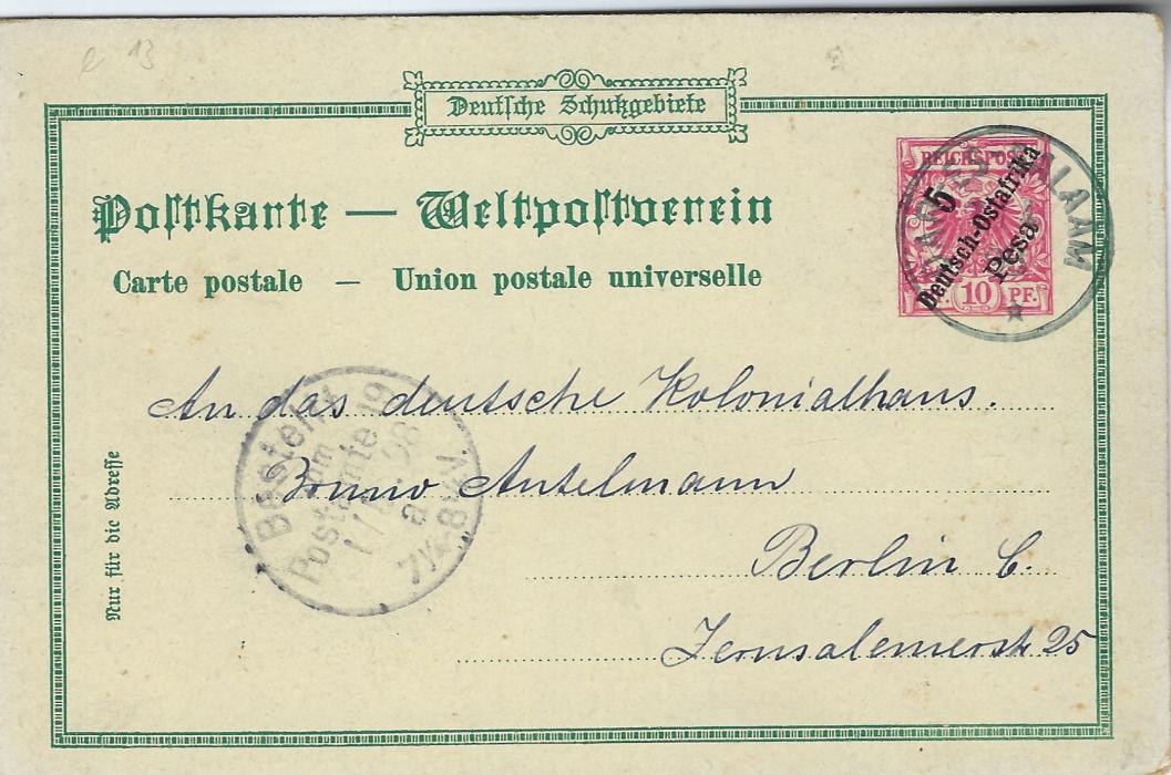 German Colonies 1898 5 Pesa on 10pf ‘Gruss aus Bagamojo’ picture stationery card used to Berlin from Dar-es-Salaam on 7th April, arrival cds to left; slight corner bumping.