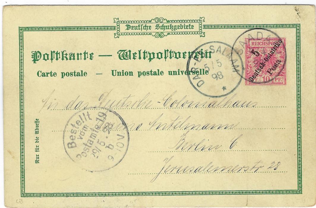 German Colonies (East Africa) 1898 5 Pesa on 10pf ‘Gruss aus Tanga’ picture stationery card used from Saadani on 9/4/98, Dar-es-Salaam transit of 5/5 and arrival cds of 29/5; slight black ink staining on front otherwise fine.