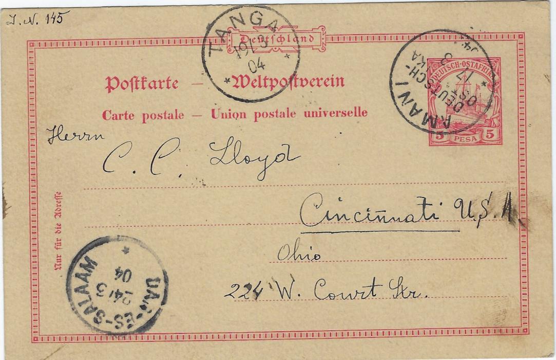 German Colonies (East Africa) 1904 5 pesa stationery card to Cincinnati cancelled Amani D-OA cds of 17/8, Tanga transit 19/3 and Dar-es-Salaam transit 24/3. With message about Mushrooms.