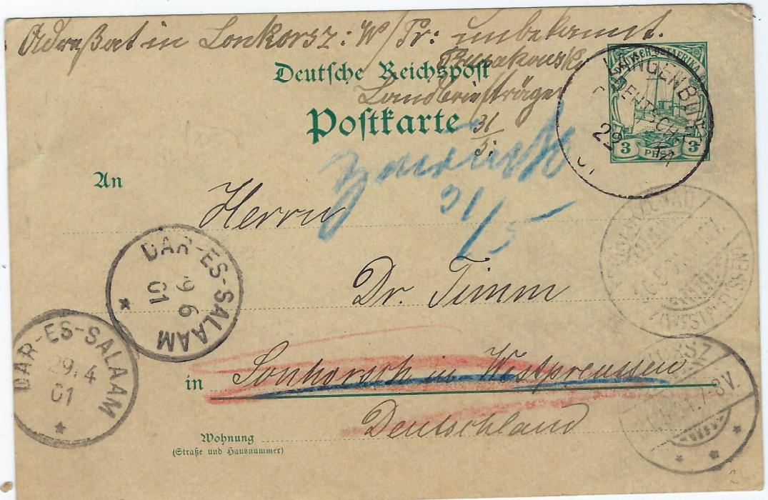 German Colonies (East Africa) 1901 3 pesa stationery card to Germany cancelled Langenburg D-OA cds (22/4), Dar-es-Salaam transit (29/4), insufficiently addressed and not found with blue manuscript “Zuruck 21/5”, German cancels at bottom right for arrival and despatch of card and at left Dar-es-Salaam cds of 19/6.