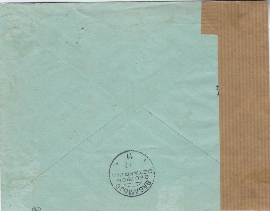 German Colonies (East Africa) 1911 registered internal cover to Bagomojo franked 7 1/2h. and 15h. tied Sadani DOA cds, registration label at left with manuscript corrected name, arrival backstamp. Some reinforcements to envelope at rear. 