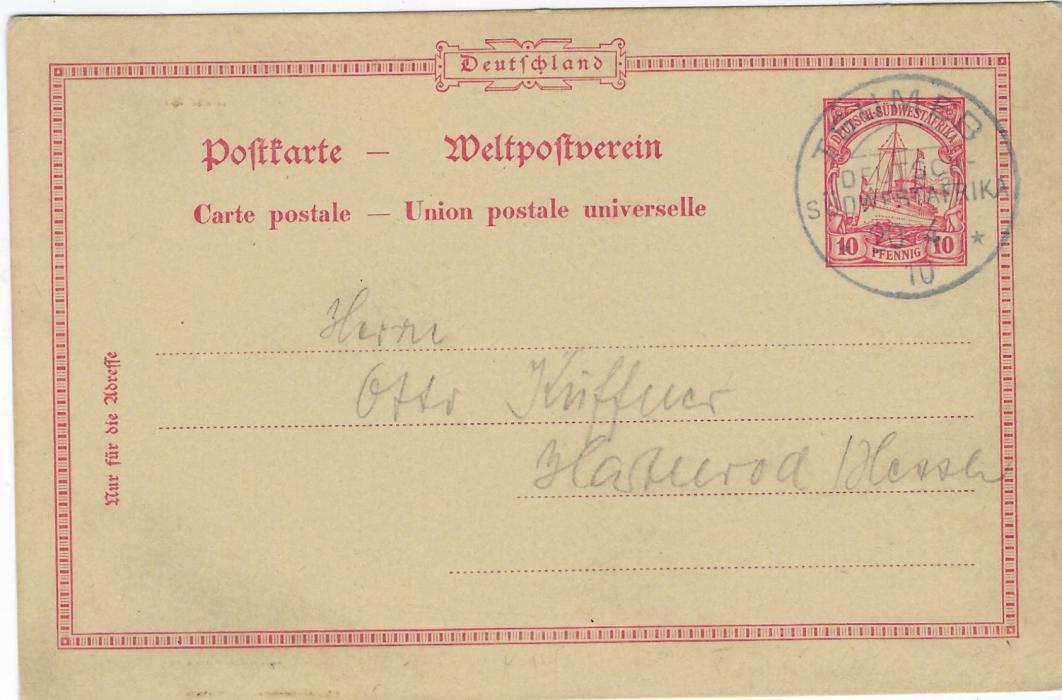 German Colonies (South West  Africa) 1910 10pf postal stationery card nancelled blue Tsumeb D-OA, pencil message/address, not sent.