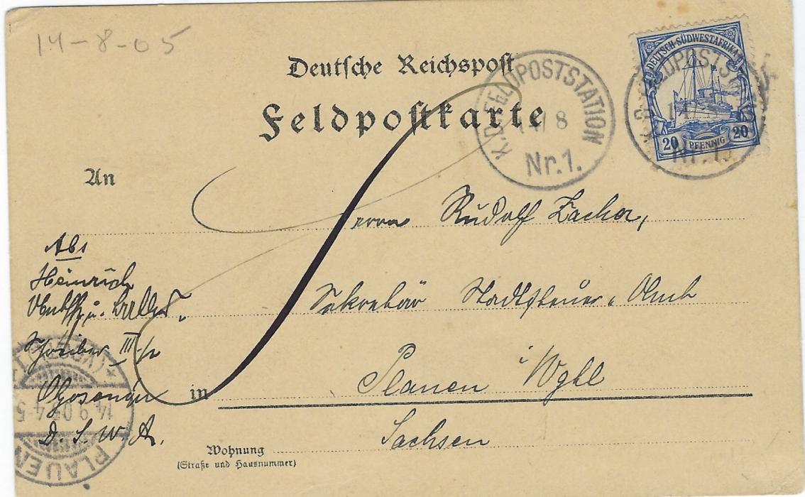 German Colonies (South West  Africa) 1905 feldpostkarte to Plauen franked 20pf tied K.D. Feldpoststation cds, a couple of slight tones.