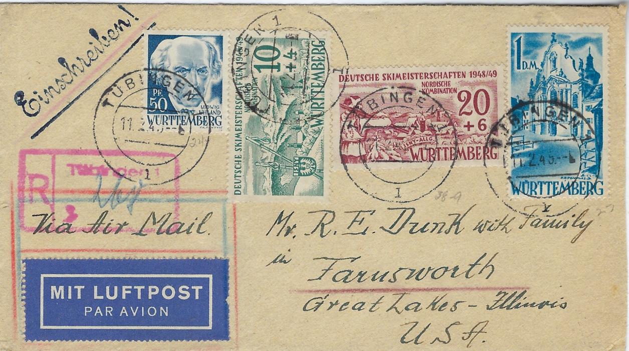 Germany (French Zone – Wurttemberg) 1949 (11.2.) registered airmail cover to United  States with franking that includes Nordic Skiing set of two, tied Tubingen cds of first day of issue, arrival backstamps.