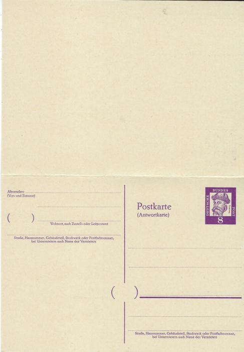 Germany (West) 1961 8pf Gutenberg postal stationery reply card without fluorescence (Michel P62) very fine unused.