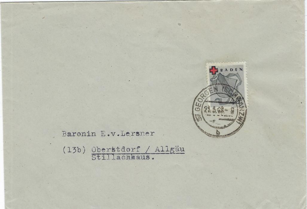 Germany (French Zone - Baden) 1949 (21.3.) cover to Obertdorf bearing single franking 40 + 80pf German Red Cross issue tied St Georgen (Schwarzw) cds, paying for 21-250g long distance envelope. Some slight surface scuffing on stamp, scarce.