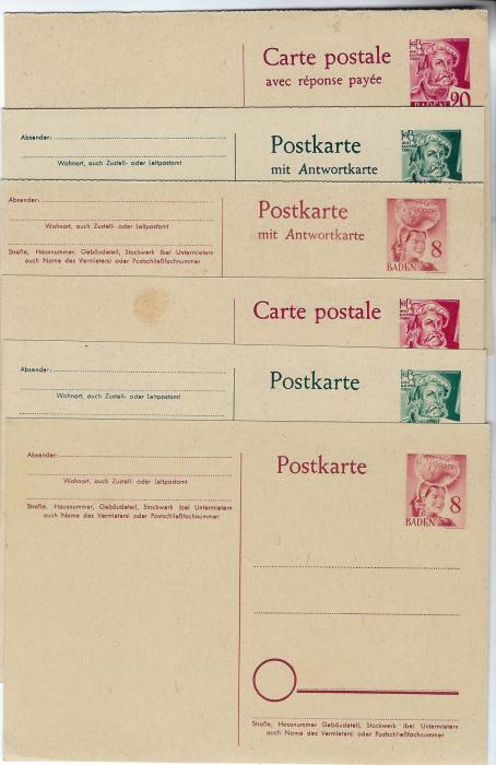 Germany (French Zone – Baden) 1948 set of six stationery cards, (P1-6)  20pf small stain at  top  otherwise  fine condition with sharp corners.