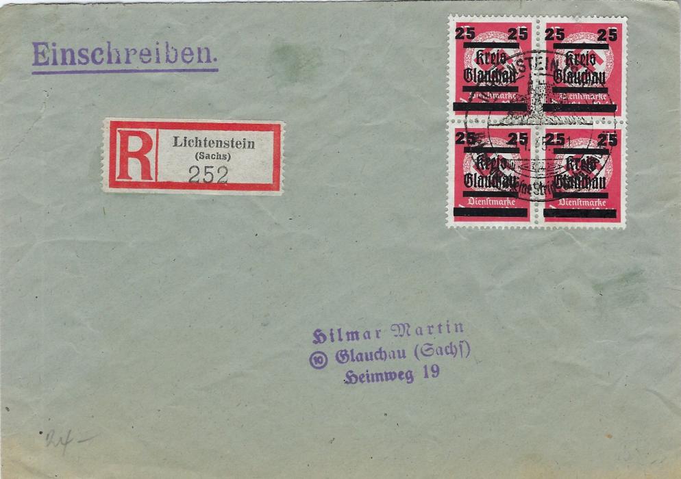 Germany (Local Posts - Glauchau) 1945 registered philatelic cover franked with block of four ’25 on 12pf Officials cancelled with large pictorial date stamp of Lichtenstein (Sachs), arrival backstamp.