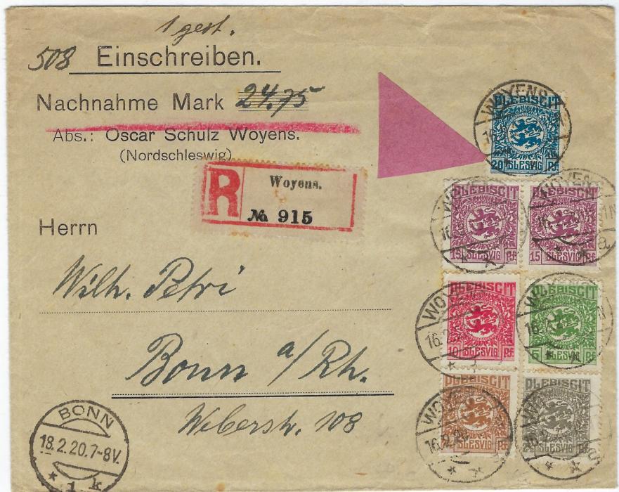 Germany (Schleswig) 1920 (18.2.) registered insured cover for 24.75 marks bearing seven stamp multi-franking with Woyens despatch cds, affixed triangular plain label, registration label and arrival cds, no backstamps; good condition.