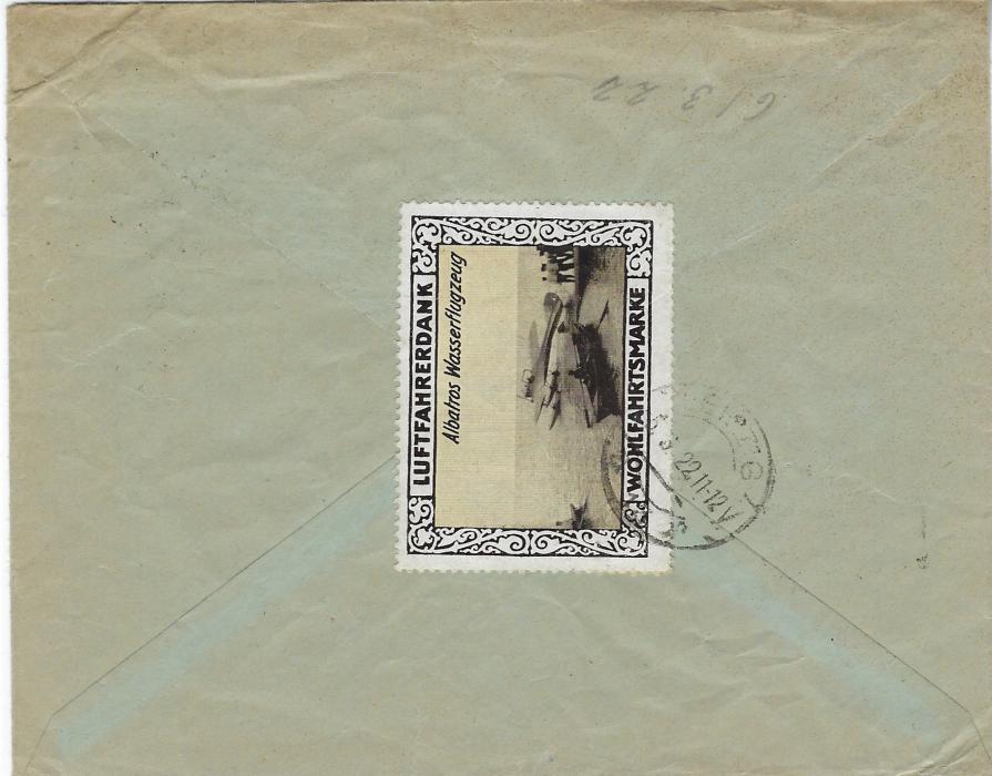 Germany (Upper Silesia) 1922 (4.3.) registered cover to Leipzig franked with two 2m. in scarce grey-brown shade (Mi. 27b) tied Oppeln cds, registration label at left, Air propaganda label tied on reverse by arrival cds; one stamp affected by envelope crease, opened three sides.